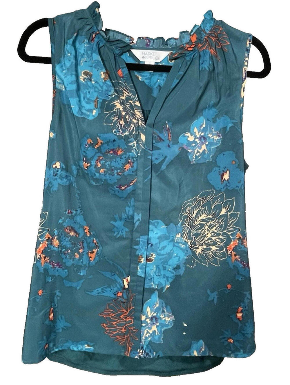 Market & Spruce Teal Floral Sleeveless Ruffle Neck Blouse Top S Casual Office